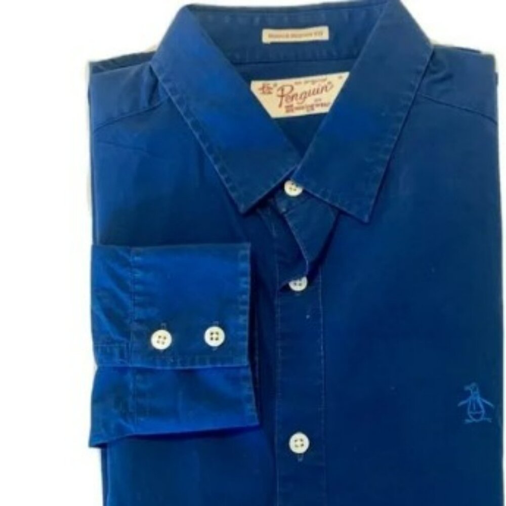 Penguin Men Dress Shirt Skinny Fit Long Sleeve S Navy/Royal Blue